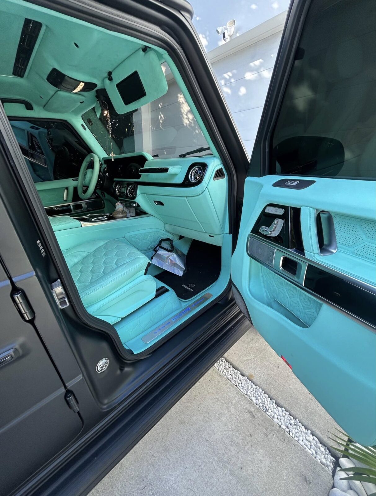 Mercedes-AMG G63 custom Tiffany blue interior leather conditioning and detail by The Detail Club LA in Calabasas